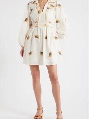 White Embroidered Long-Sleeve Mini Dress